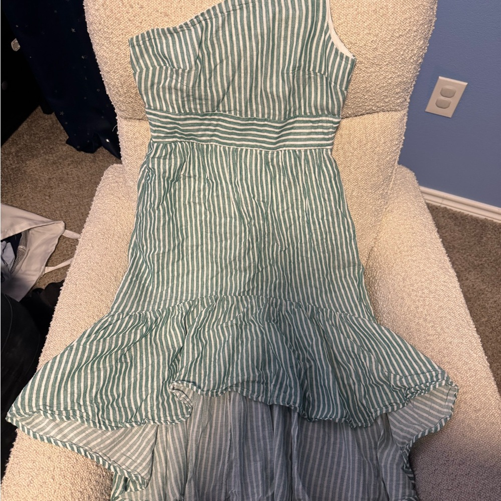 One Shoulder Green Striped Dress